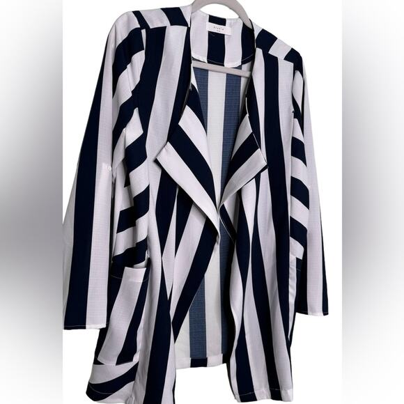 Elodie Navy Stripe Trendy Open Front Blazer Jacket Long Sleeve Size Medium - Picture 2 of 10